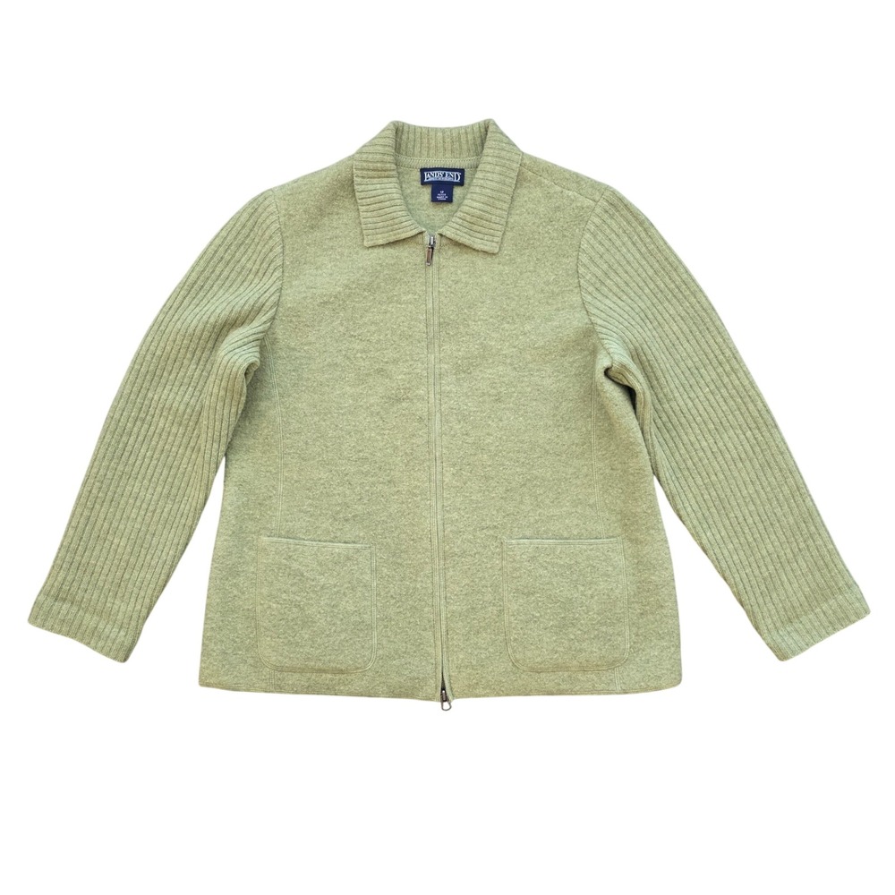 Lands End Green Wool Full Zip Ribbed Sleeve Cardigan Sweater Jacket 12P <3